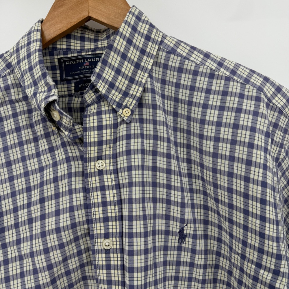 Ralph Lauren Sport Mens Blue White Plaid Short Sleeve Button Down Shirt Sz M vtg